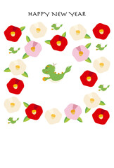 椿の花と宝珠を持った龍の年賀状テンプレート（賀詞あり）