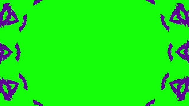 Animated violet bats fly out from center of screen. Purple symbol. Looped video. Concept of Halloween, Black Friday. Flat vector illustration isolated on a green background.