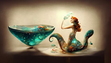 raytrace glass water 1940s styled clay mermaid underneath whimsical feeling fantasy magical photorealism hyperdetailed 