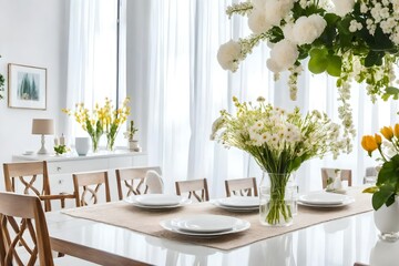 Various images of a decorated white dining table in a bright surroundings with flowers and a flower vase.