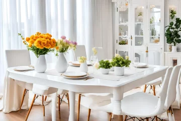Foto op Plexiglas Various images of a decorated white dining table in a bright surroundings with flowers and a flower vase. © Tanveer