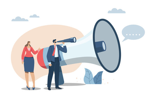 Important announcements, advertisements from company to make organization, or important target groups aware. Businessman and woman with binoculars, megaphone find the target audience to announce.