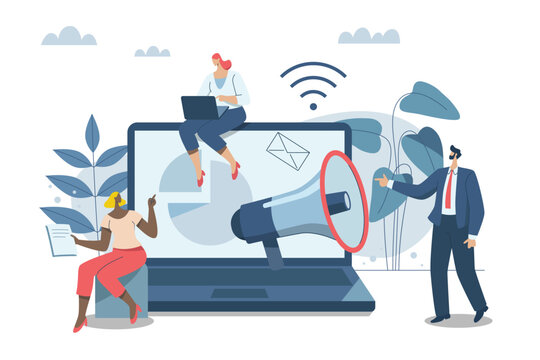 Promoting communication with customers, Sending important messages, Marketing activities with social media campaigns, Business marketing media. Advertising teams, or announcements with a megaphone.