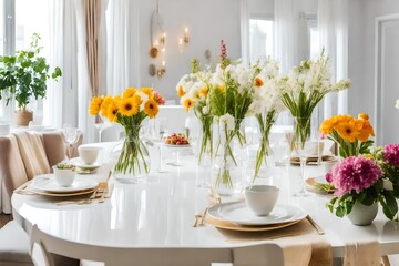 Various images of a decorated white dining table in a bright surroundings with flowers and a flower vase.