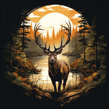 Deer head with antlers in the forest with sun. Vector illustration. t shirt design