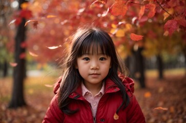 Fototapeta premium closeup portrait of cute little Asian girl child enjoying in autumn fall leaves in red jacket