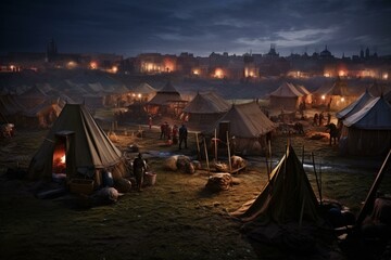 War camp with tents, fortifications, castle encampment for battle preparation in medieval times. Generative AI - obrazy, fototapety, plakaty