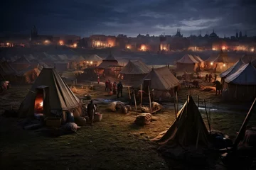 Photo sur Plexiglas Camping War camp with tents, fortifications, castle encampment for battle preparation in medieval times. Generative AI