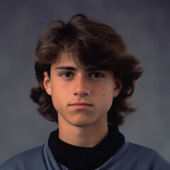 15 years old boy, brown messy hair, wearing a blue turtleneck sweater against a dark gray background