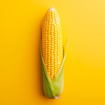 Ripe corn on the cob on a yellow background 