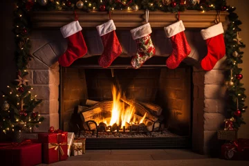 Foto op Plexiglas Santa Stocking Hanging over fire place green garland gift box © ItziesDesign
