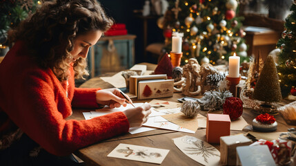 Woman wrapping a letter for a Christmas present. 