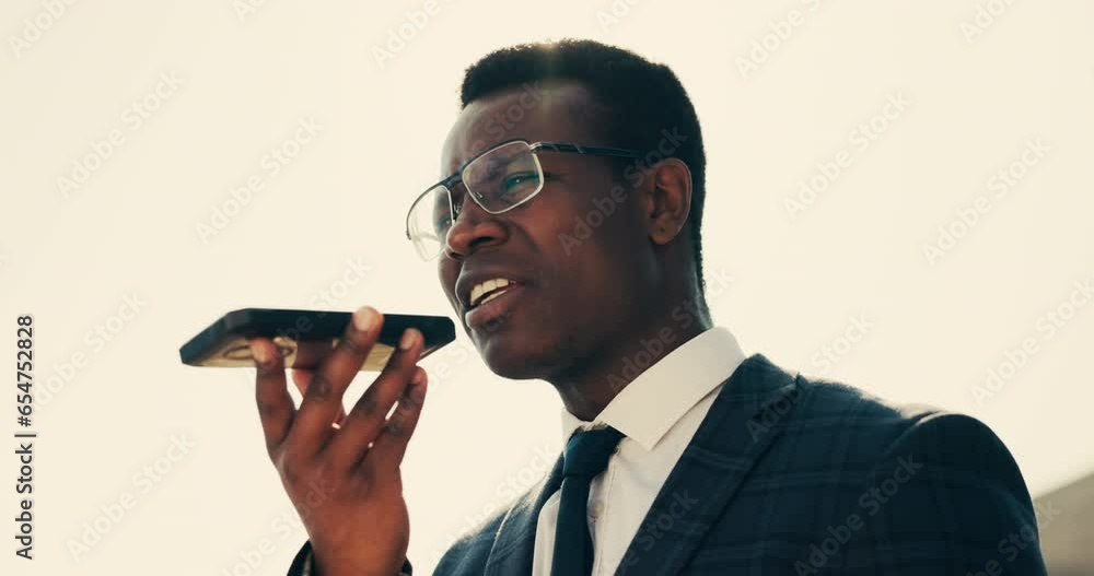 Aufkleber voice note, phone and business man in the city with networking, communication and talking outdoor. m