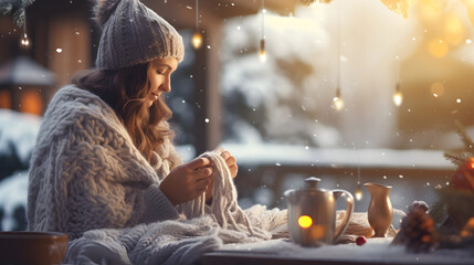 Woman knitting a wool scarf on Christmas night. - obrazy, fototapety, plakaty