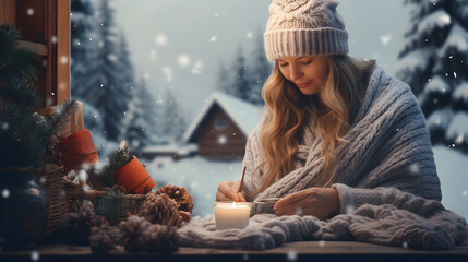 Woman knitting a wool scarf on Christmas night. - obrazy, fototapety, plakaty