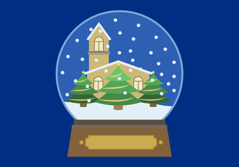 Bola de cristal de navidad con pueblo y pinos nevados