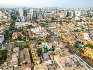 Aerial view of the Barranco neighborhood in Lima, Peru in 2023. Spanish colonial style historic buildings. Neighborhood with new houses and also many houses degraded by time. Gastronomic region 