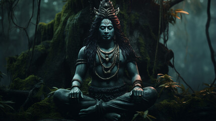Lord Shiva between trees, a divine and natural presence