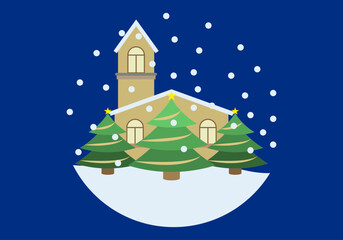 Iglesia nevada con árbol de navidad y guirnaldas. 