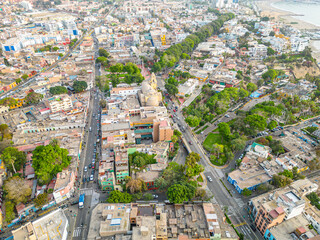 Aerial view of the Barranco neighborhood in Lima, Peru in 2023. Spanish colonial style historic buildings. Neighborhood with new houses and also many houses degraded by time. Gastronomic region 