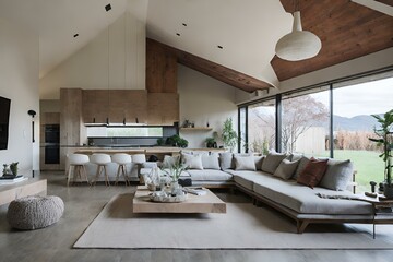 living room interior,architecture,kitchen,apartment,living,window,sofa,table,luxury,chair,light,Ai generated 