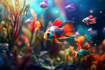 Underwater ecosystem with colorful fish. Enhanced by human. Selective focus background. Generative AI