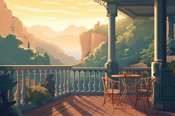 Illustration of a picturesque balcony overlooking mountains and valley. Generative AI