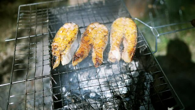Fresh fish steak grilled . Grilled salmon seasoned with spices