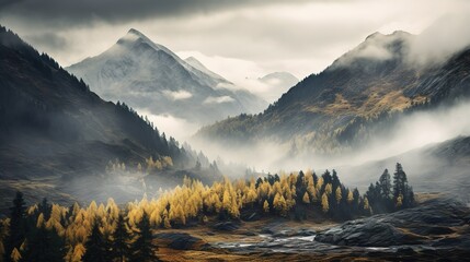Spooky autumn mountains covered in fog, creating a mysterious and eerie atmosphere.