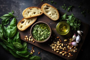 Top view of stone background with hard light dark shadow and a fragrant spread of fresh wild leek leaves pine nuts and spicy Ramson pesto on toasts ideal a