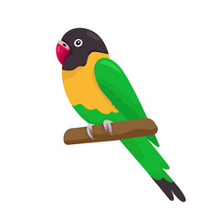 Cartoon funny green love bird sitting on a branch. Flat little colorful exotic parrot. Vector illustration on white background. Good for T-shirts, posters, book covers, banners