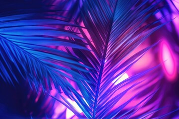 Tropic leaf summer backdrop with vibrant blue and purple party glow toned palm tree leaves in...