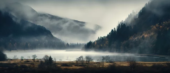 Foto op Plexiglas Spooky autumn mountains covered in fog, creating a mysterious and eerie atmosphere. © Fokasu Art