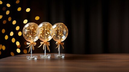 Goldene Luftballons zu Weihnachten Jubiläum und Geburtstag im schönen Gold Bokeh dekoriert Querformat für Banner  - obrazy, fototapety, plakaty