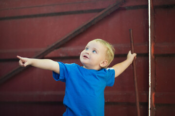 small cute boy with blond hair outdoors, child in rural yard trying to open gate and showing with finger who do it