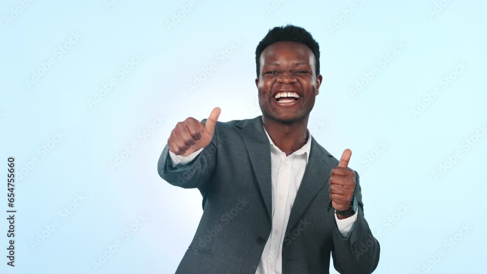 Canvas Prints Face, excited and a black man with a thumbs up on a studio background for corporate success. Dance, thank you and portrait of an African employee with an emoji gesture on mockup space for a like