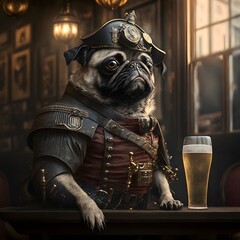 full body steampunk pug soldier in a pub hyper realsitic hyper detailed 