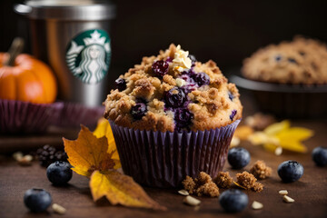 muffins cupcake with blueberries and cinnamon crumble autumn vibe, warm, coffee starbucks