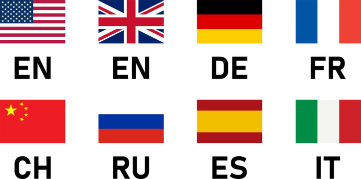 World Languages Flag Button Badge Icon Set including USA, UK, Germany, France, China, Russia, Spain, and Italy Flags for English, German, French, Chinese, Russian, Spanish and Italian. Vector Image.