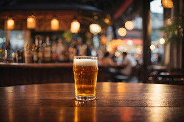 a glass of beer on the table with Bokeh background on the evening pub - obrazy, fototapety, plakaty