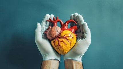 Heart surgeon holding realistic diseased heart, Cardiovascular coronary artery disease awareness, Heart health Cardiologist concept - obrazy, fototapety, plakaty