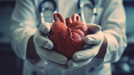 Heart surgeon holding realistic heart, Cardiovascular disease awareness, Heart health Cardiologist concept