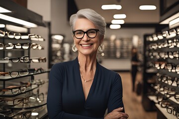 Happy mature woman chooses glasses in an optics store. Vision care concept