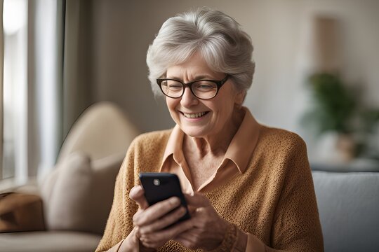 Happy mature old 60s woman holding smartphone using mobile phone app. Technology, communication and people concept - happy senior woman with smartphone at home