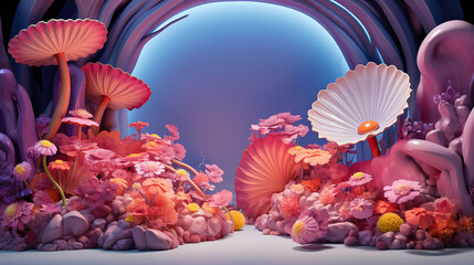Fototapeta na wymiar Decorative Flower and Mushrooms in a 3D Podium Stage