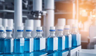 Medical vials on production line at pharmaceutical factory, tube with blue liquid serum vaccine