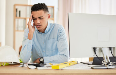 Stress, headache and portrait of engineer in the office planning repairs, maintenance or building. Confused, burnout and man industry worker working with computer in workplace on construction site.