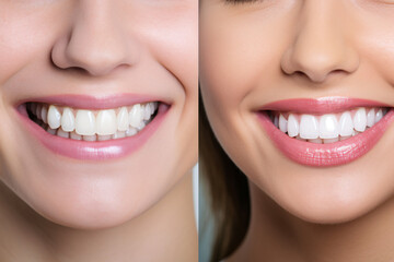 Fototapeta premium Before and After of Woman Teeth Whitening,yellow teeth