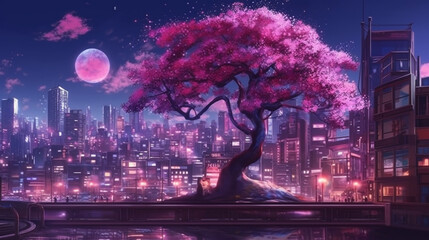 Fantasy Japanese night view city citycape, neon pink light, residential buildings, big sakura tree. Night urban anime fantasy setting downtown background.