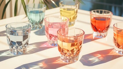 crystal modern glasses with drinks of different colors stand on a transparent glass table. The sun's rays play on the glass. Minimalist creative composition.